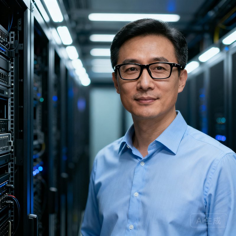 捷报比分CTO刘明远半身照，35岁男性，穿浅蓝色衬衫，戴黑色框架眼镜，背景为服务器机房，展现技术专家气质